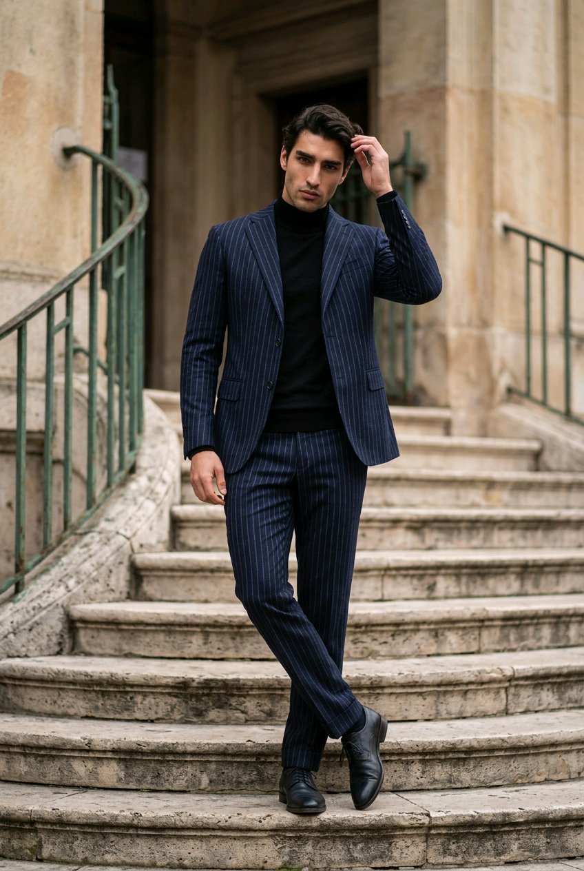 A man wearing a navy blue pinstripe suit with a black turtleneck and black dress shoes, standing on stone stairs in front of a classical building.