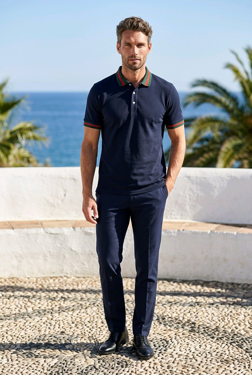 A man wearing a navy blue polo shirt with green and orange trim on the collar and sleeve cuffs, paired with navy trousers and black shoes, standing outdoors with a beach and palm trees in the background.
