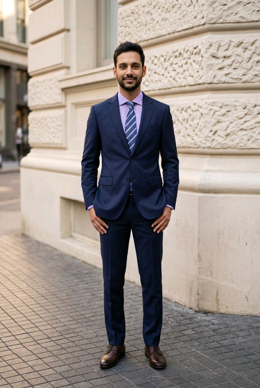 A man wearing a navy blue suit, light purple dress shirt, and a blue and white striped tie, standing outdoors against a beige stone building.
