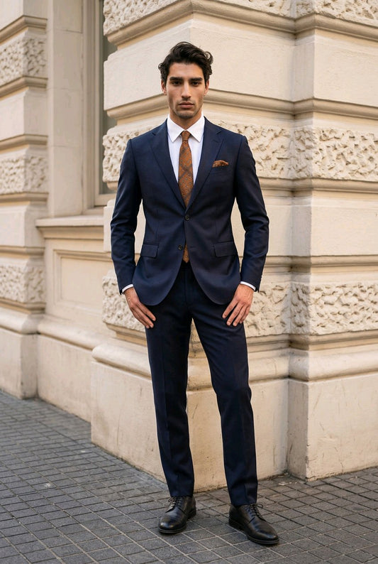 A man wearing a navy blue suit, white dress shirt, and a brown patterned tie stands outdoors against a beige stone building corner.