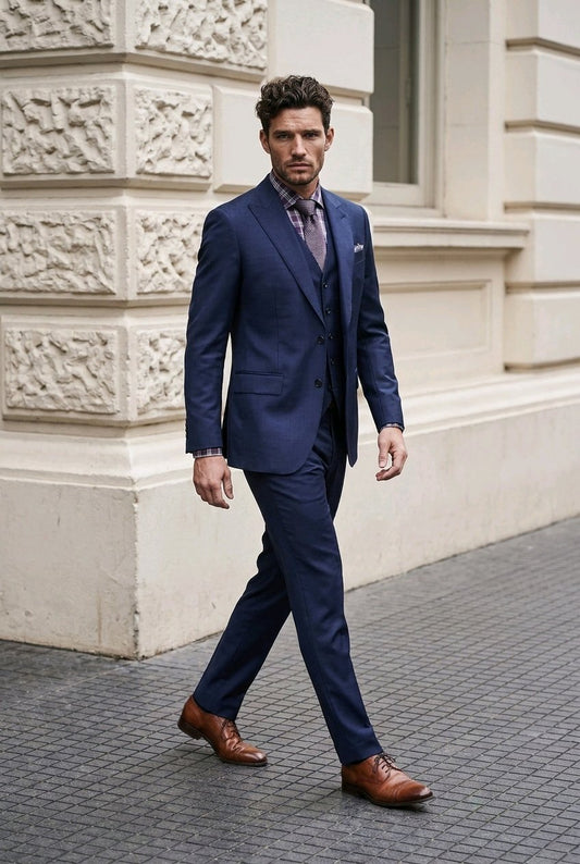 A man wearing a navy blue three-piece suit, patterned purple shirt, and brown leather dress shoes walks along a paved street next to a beige stone building.
