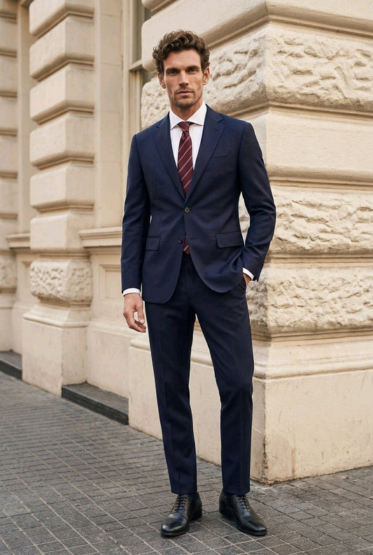 A man wearing a navy blue three-piece suit, white dress shirt, and a red patterned tie, standing outdoors against a beige stone building corner.