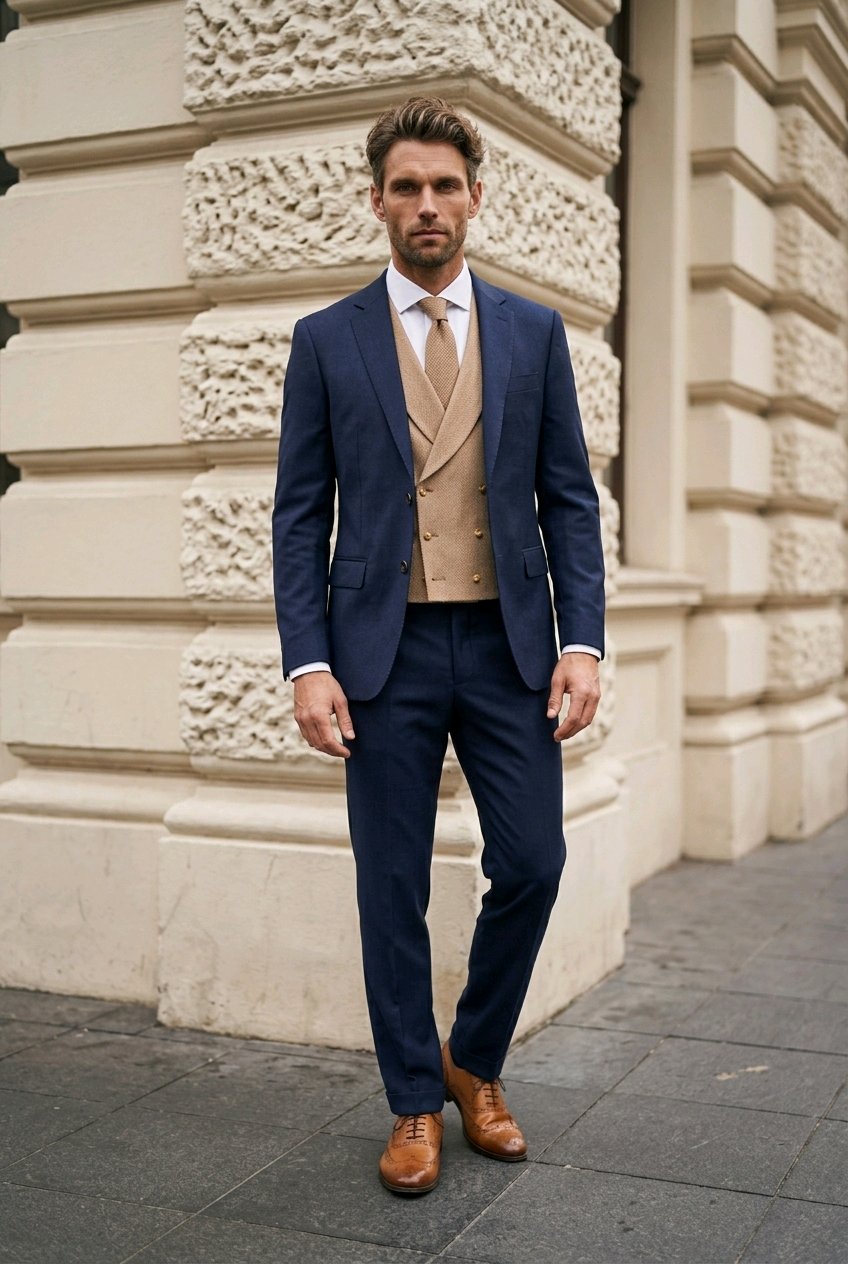 A man wearing a navy blue three-piece suit with a beige vest and tie, standing outdoors in front of a beige stone building.
