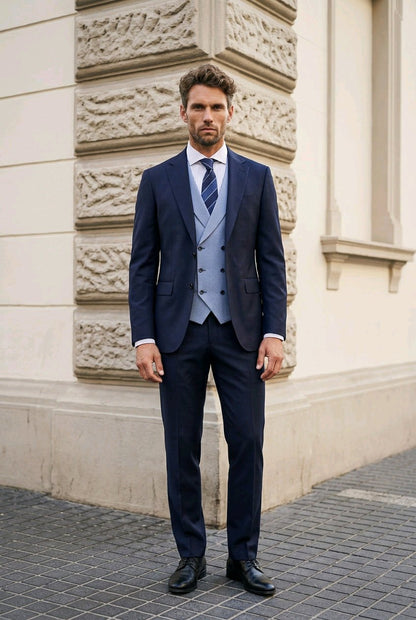 A man wearing a navy blue three-piece suit with a light blue vest, white dress shirt, and striped tie, standing outdoors in front of a beige stone building.