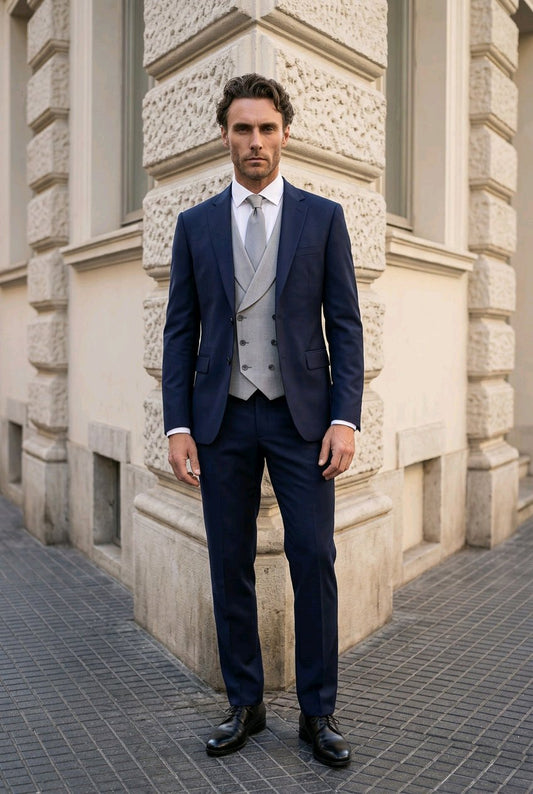 A man wearing a navy blue three-piece suit with a light gray vest and tie, standing on a paved street in front of a beige stone building.