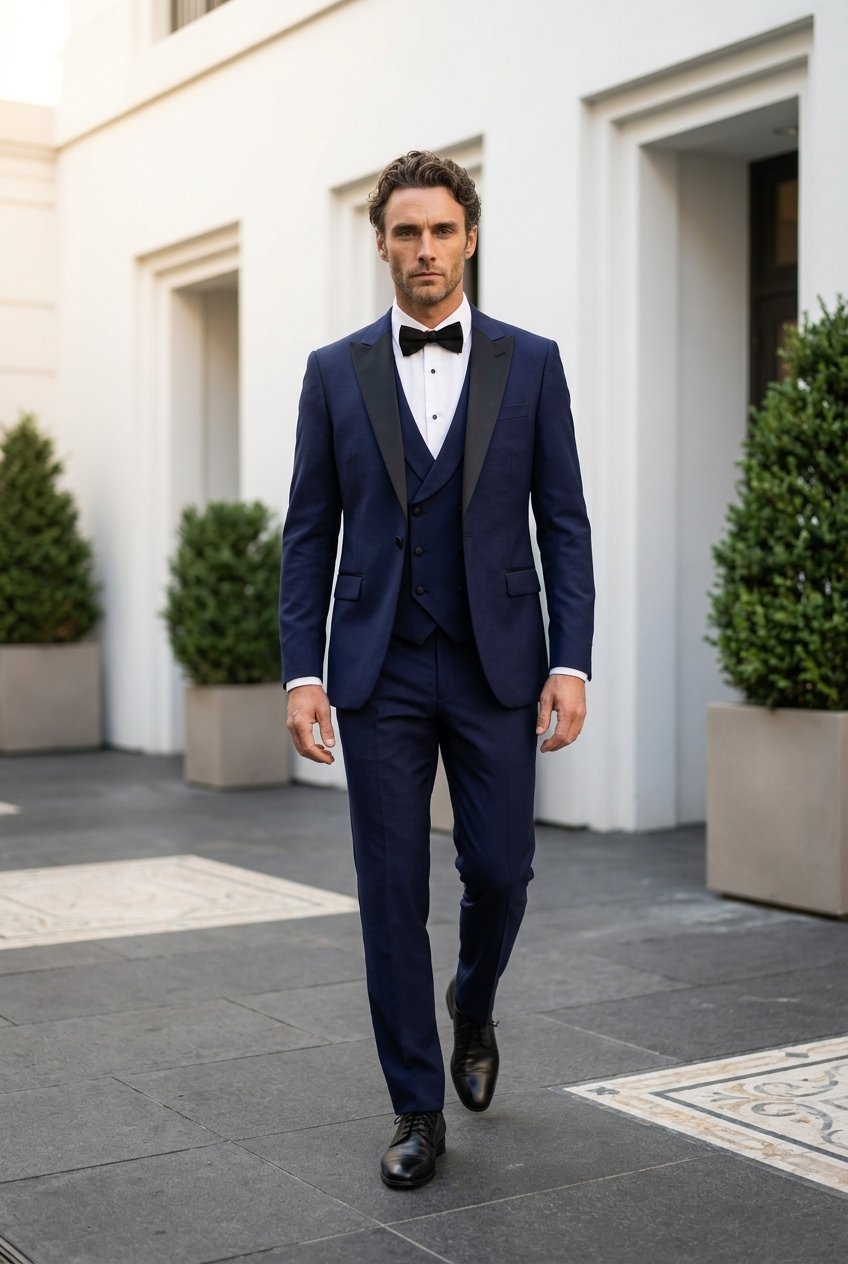 A man wearing a navy blue three-piece tuxedo with black satin lapels, a white dress shirt, and a black bow tie walks outdoors in front of a white building.