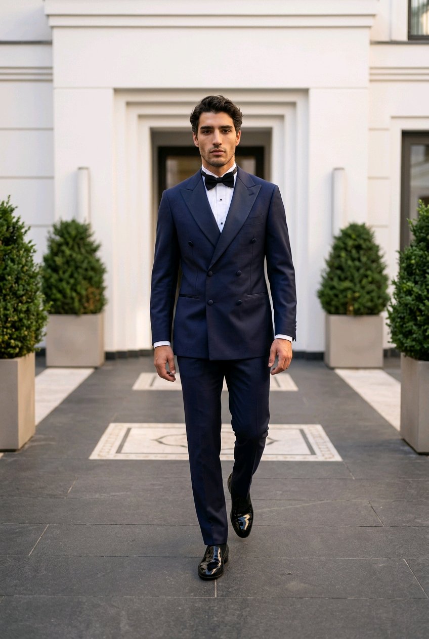 A man wearing a navy blue tuxedo with a white dress shirt, black bow tie, and black dress shoes walks down a paved path in front of a white building with potted plants.