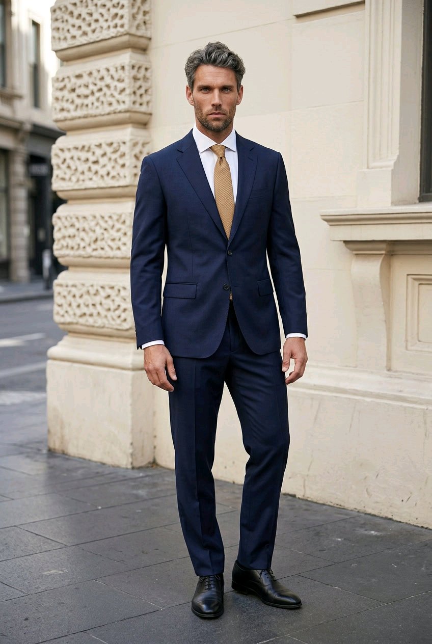 A man wearing a navy blue two-piece suit, white dress shirt, and tan tie stands on a city sidewalk in front of a beige stone building.