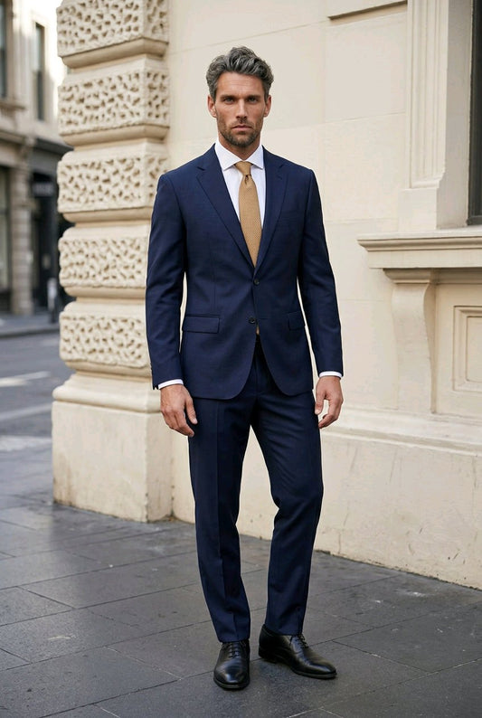 A man wearing a navy blue two-piece suit, white dress shirt, and tan tie stands on a city sidewalk in front of a beige stone building.