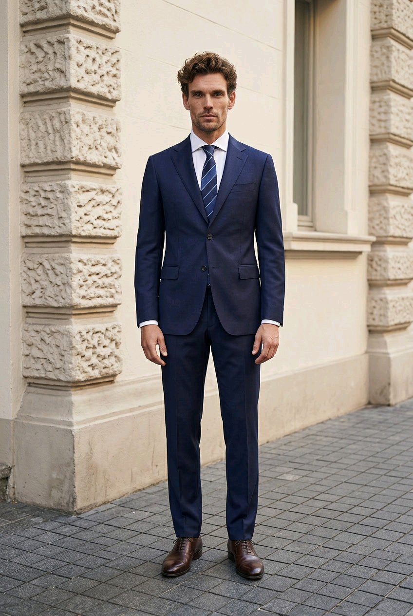 A man wearing a navy blue two-piece suit with a white dress shirt, a blue and white striped tie, and brown leather dress shoes, standing outdoors against a beige stone building.