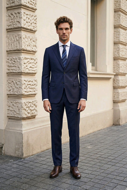 A man wearing a navy blue two-piece suit with a white dress shirt, a blue and white striped tie, and brown leather dress shoes, standing outdoors against a beige stone building.