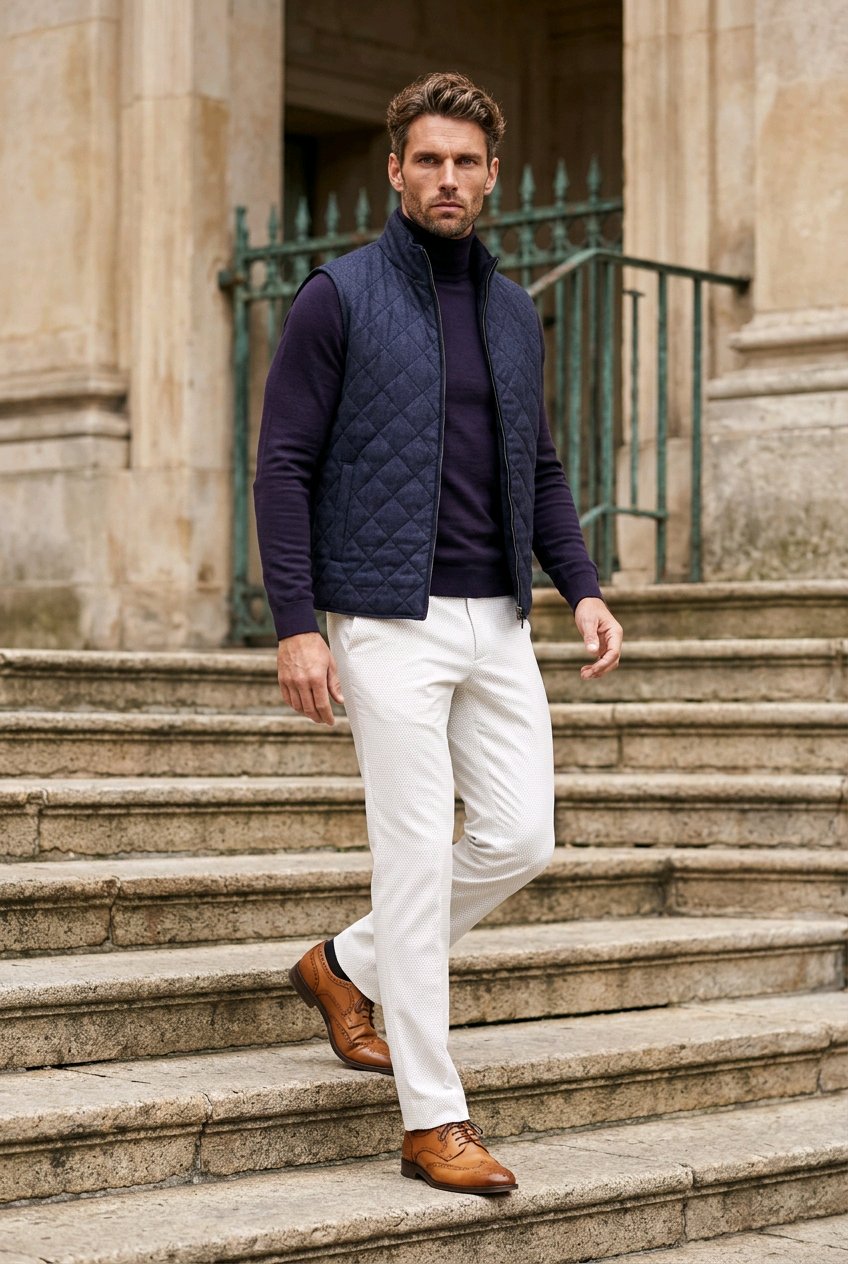 A man wearing a navy quilted zip-up vest over a dark navy turtleneck, white trousers, and brown leather dress shoes, walking down stone steps in front of a classical building.