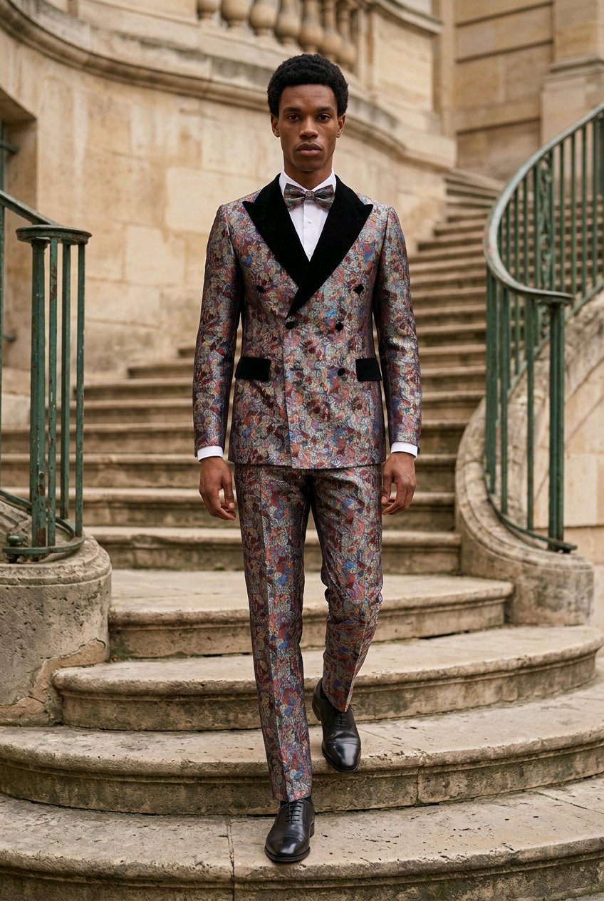 A man wearing a patterned double-breasted suit with black peak lapels and a black bow tie walks down stone stairs in an outdoor setting.