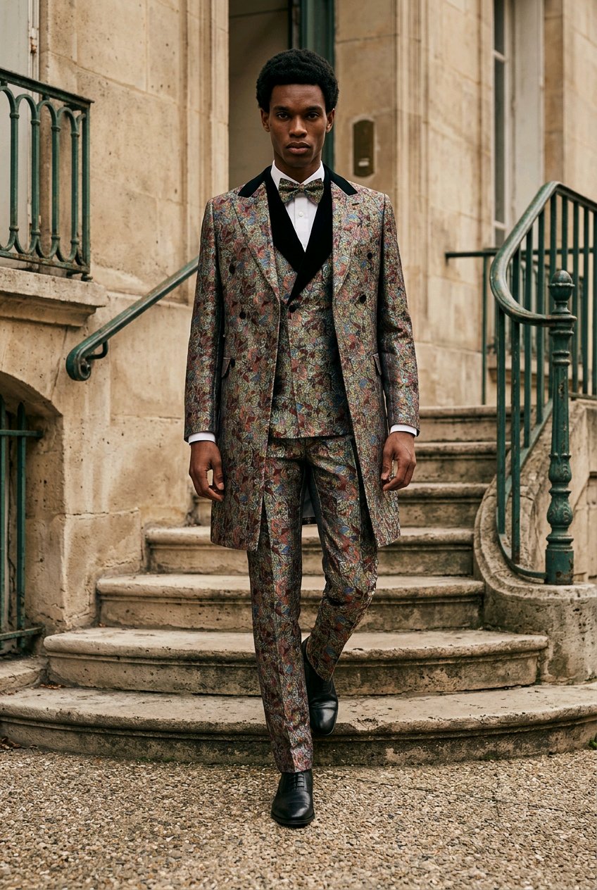 A man wearing a patterned three-piece suit with a black vest, white shirt, and bow tie walks down stone steps in front of a beige building.