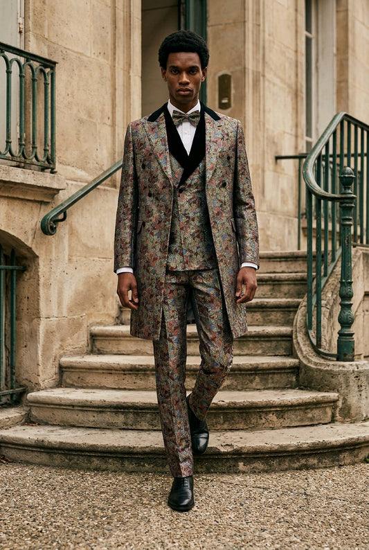 A man wearing a patterned three-piece suit with a black vest, white shirt, and bow tie walks down stone steps in front of a beige building.