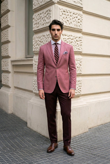 A man wearing a pink blazer, dark brown trousers, a striped shirt, and a striped tie stands outdoors against a beige stone building corner.