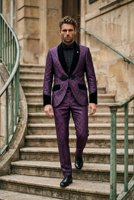 A man wearing a purple and black patterned suit with black shawl collar lapels walks down stone stairs.