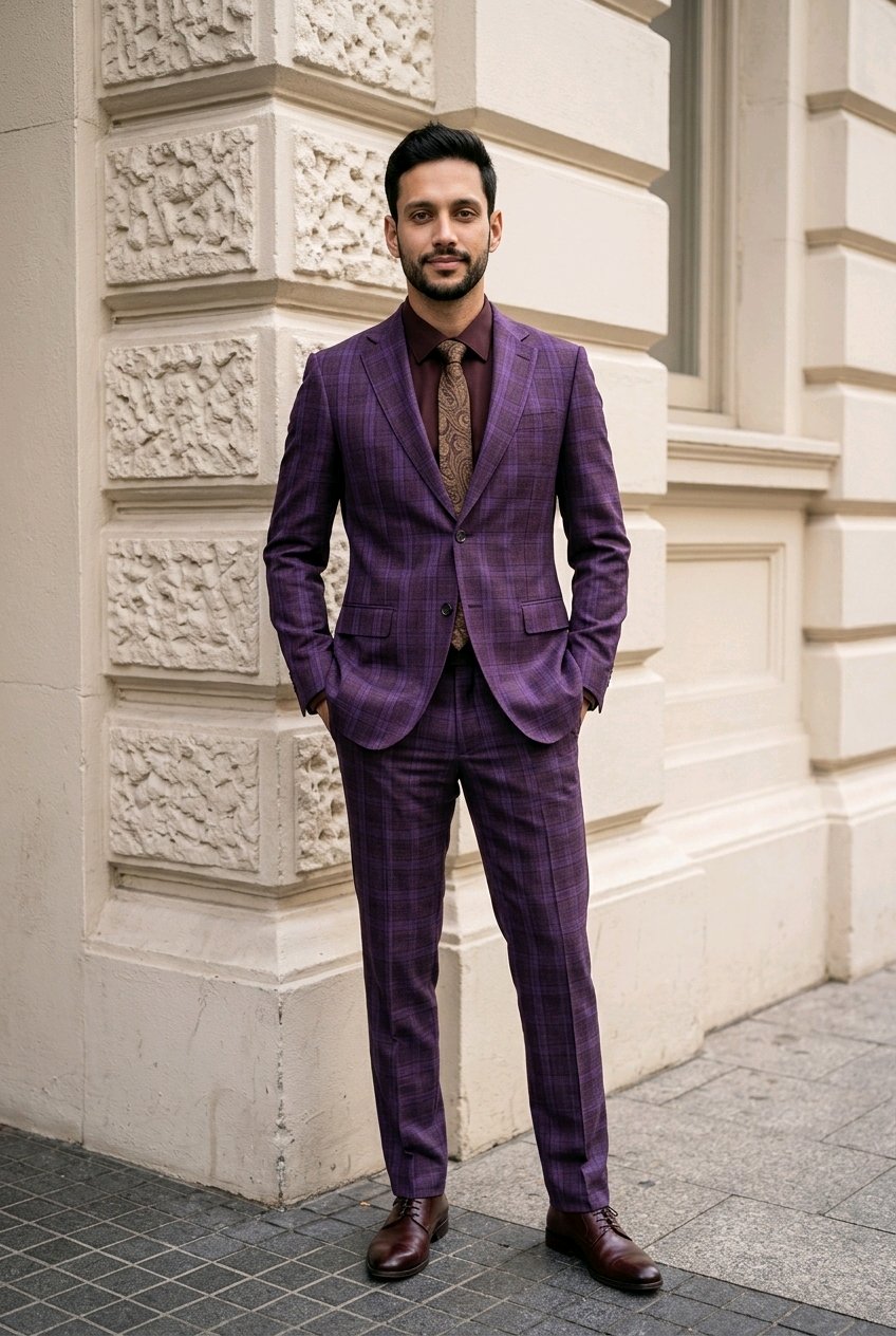A man wearing a purple and brown plaid suit with a brown patterned tie and brown leather shoes, standing in front of a beige stone building corner.