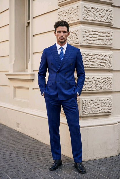 A man wearing a sharp blue pinstripe double-breasted suit, white dress shirt, and blue striped tie, standing outdoors against a beige stone building.