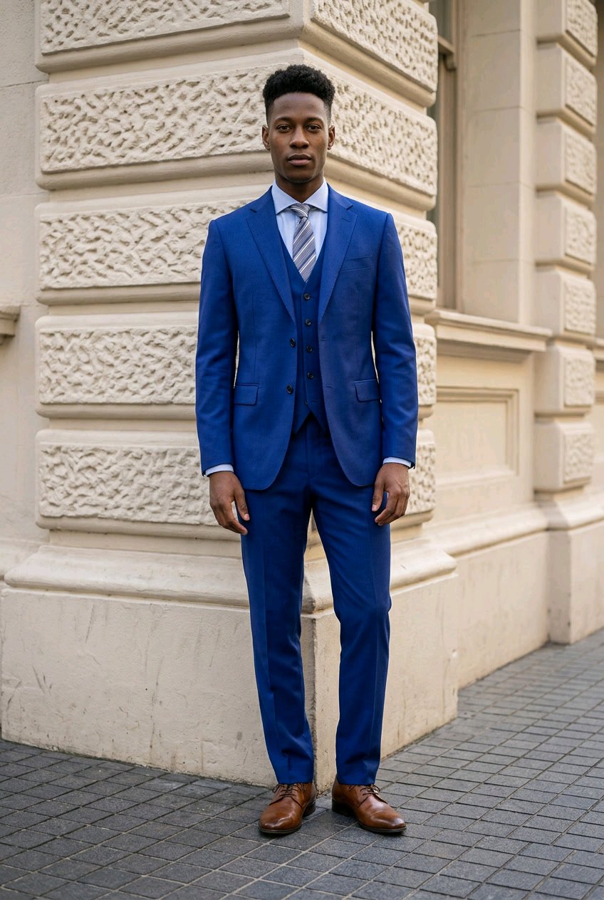 A man wearing a sharp blue three-piece suit with a matching vest and trousers, a white dress shirt, a striped tie, and brown leather shoes, standing outdoors against a beige stone building.