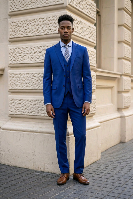 A man wearing a sharp blue three-piece suit with a matching vest and trousers, a white dress shirt, a striped tie, and brown leather shoes, standing outdoors against a beige stone building.