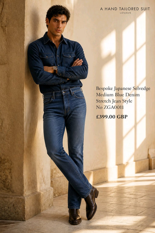 A man wearing a tailored blue denim shirt and matching blue jeans leans against a stone column in a sunlit interior. Text on the image reads 'A HAND TAILORED SUIT' and describes the bespoke Japanese selvedge medium blue denim stretch jeans.