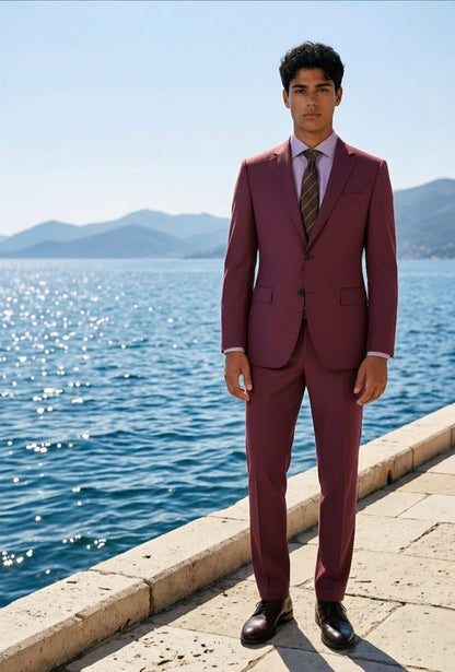A man wearing a tailored burgundy suit with a light purple shirt and striped tie stands on a stone pier with the sea and distant mountains in the background.
