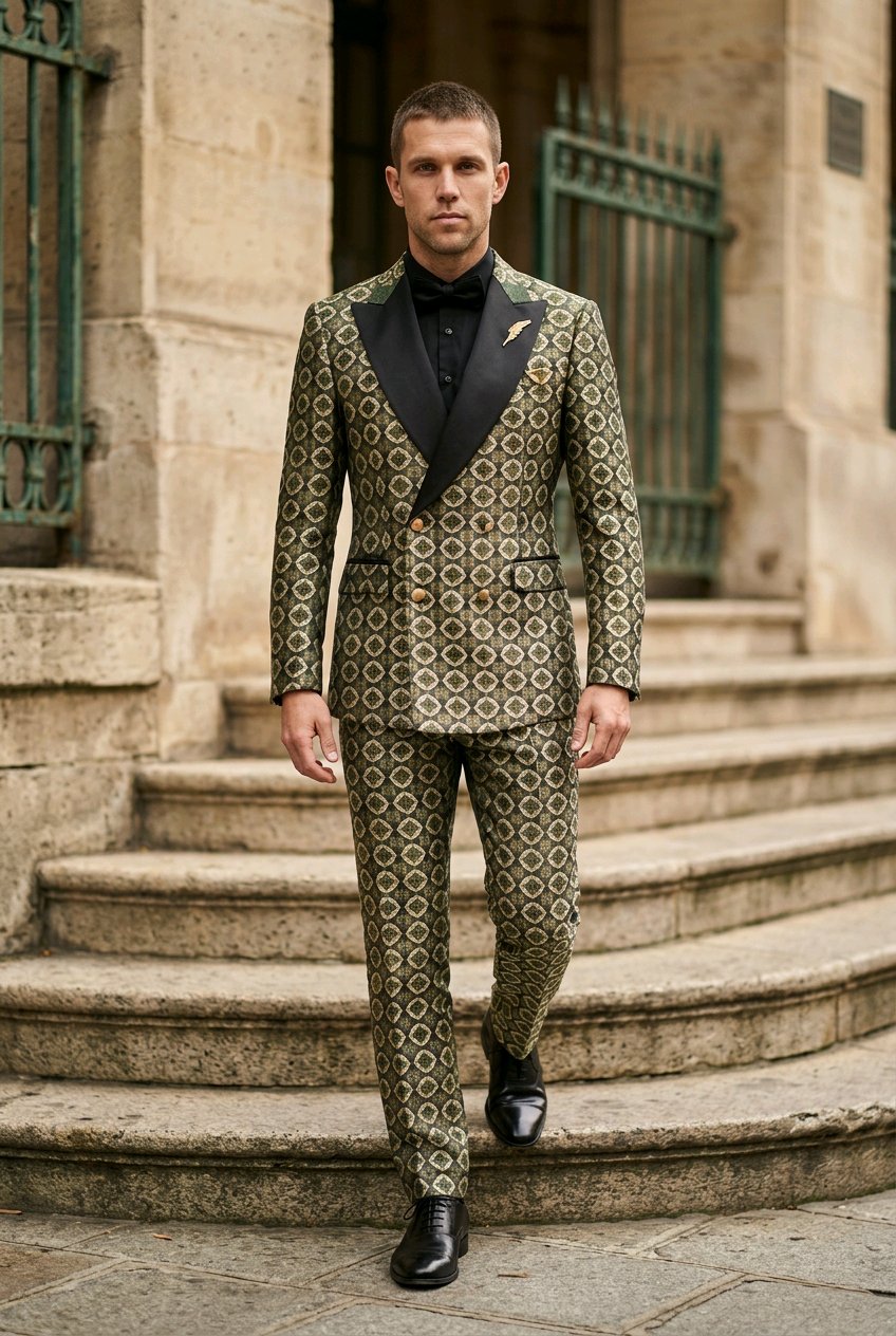A man wearing a tailored suit with an intricate geometric pattern in olive green, beige, and black, paired with a black shirt and bow tie, walking down stone steps in front of a historic building.