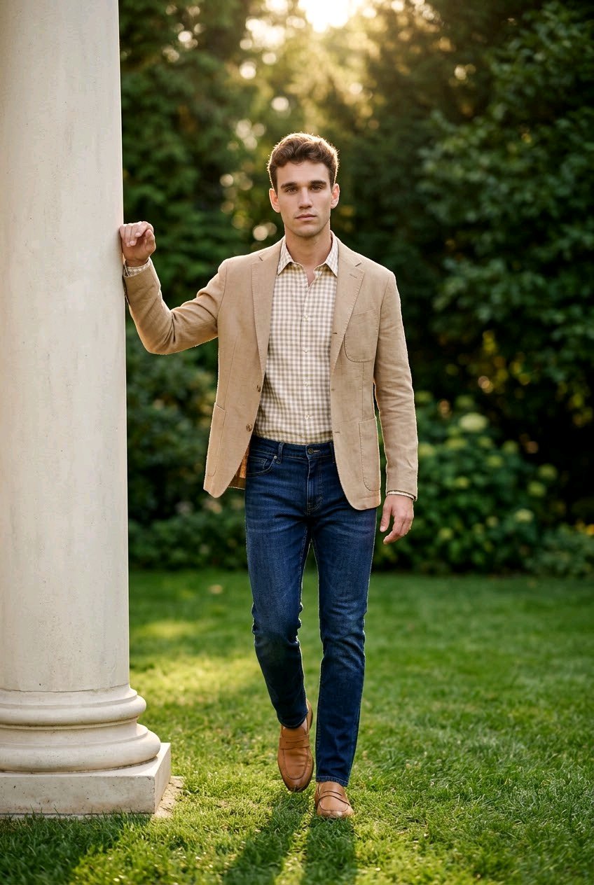 A man wearing a tan blazer, a light-colored checkered shirt, blue jeans, and brown shoes walks on a grassy lawn next to a large white column in a sunny outdoor garden setting.
