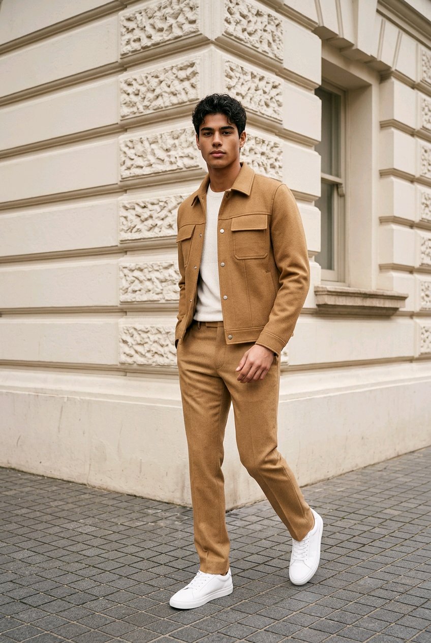 A man wearing a tan corduroy jacket and matching trousers over a white t-shirt, paired with white sneakers, standing on a paved street in front of a cream-colored stone building.