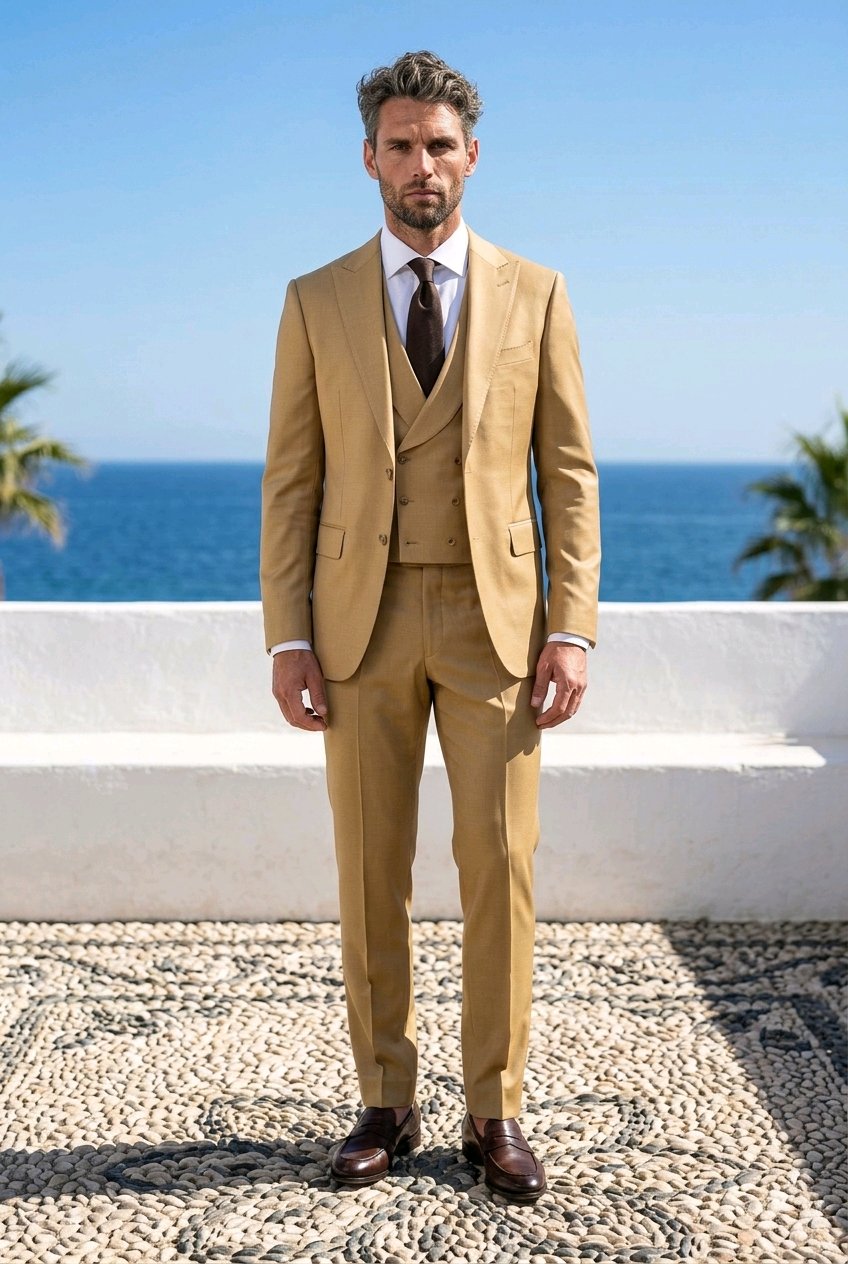 A man wearing a tan three-piece suit with a white shirt and dark tie, standing outdoors on a stone-paved surface with a white wall, blue ocean, and sky behind him.