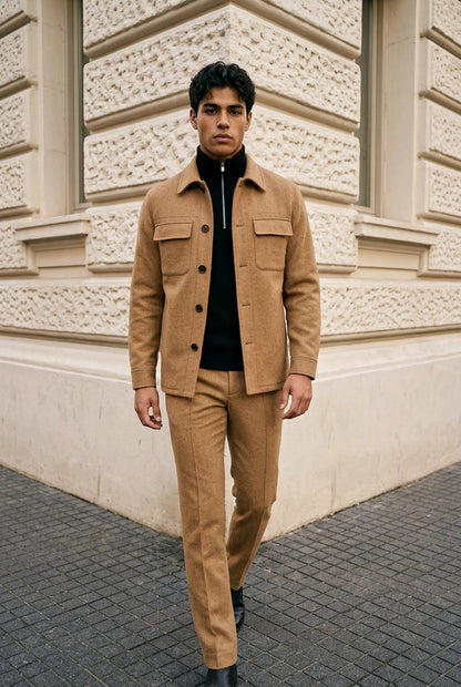 A man wearing a tan two-piece suit with a matching jacket and trousers, styled over a black zip-up sweater and black shoes, standing on a paved street in front of a textured beige stone building.