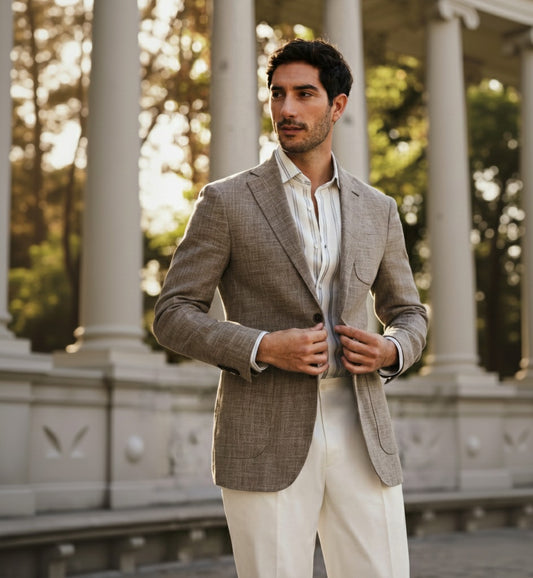 A man wearing a taupe linen-cotton jacket with dark brown buttons and white trousers standing in a columned hallway.