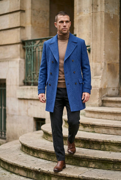 A man wearing a textured blue double-breasted overcoat over a beige turtleneck sweater, dark trousers, and brown leather boots, walking down stone steps in front of a classical stone building.