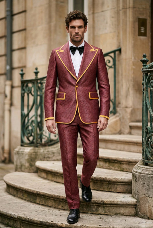 A man wearing a textured burgundy blazer and matching trousers with gold trim, a white shirt, and a black bow tie, walking down stone steps in front of a stone building.