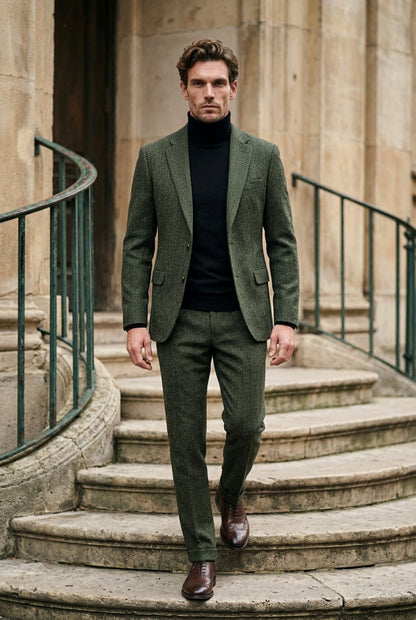 A man wearing a textured olive green two-piece suit with a black turtleneck sweater and brown leather shoes, walking down stone stairs in front of a stone building.