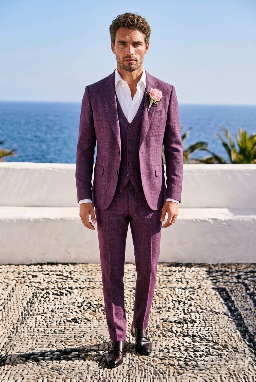 A man wearing a textured purple three-piece suit with a white shirt and a pink boutonniere, standing outdoors on a cobblestone surface with the ocean and white wall in the background.