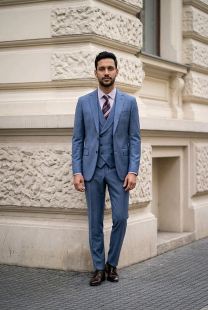 A man wearing a three-piece blue suit, light pink shirt, and striped tie stands in front of a beige stone building.