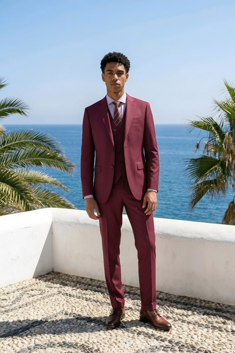 A man wearing a three-piece burgundy suit, light pink dress shirt, and patterned tie stands on a white balcony overlooking the blue ocean with palm trees in the background.