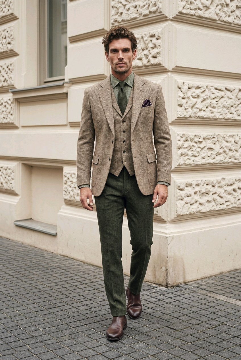A man wearing a three-piece tweed suit in beige and olive green, styled with a dark green tie, a patterned pocket square, and brown leather dress shoes, walking outdoors against a beige stone building.