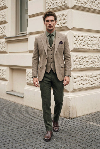 A man wearing a three-piece tweed suit in beige and olive green, styled with a dark green tie, a patterned pocket square, and brown leather dress shoes, walking outdoors against a beige stone building.