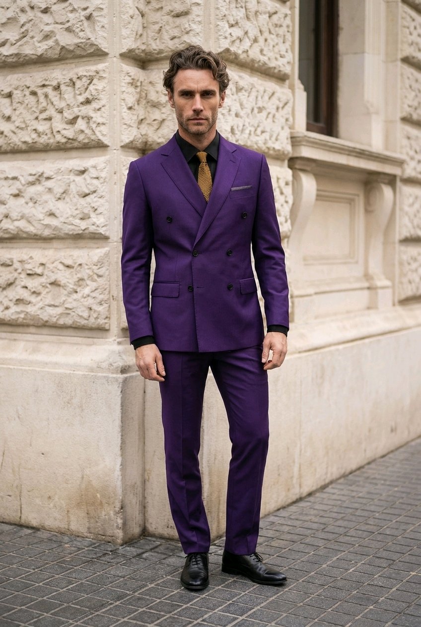 A man wearing a vibrant purple double-breasted suit with a black shirt and a gold tie, standing outdoors against a light-colored stone building.