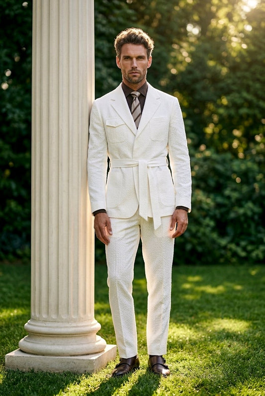 A man wearing a white belted suit with a patterned brown shirt and tie, standing outdoors next to a large white column on a green lawn.