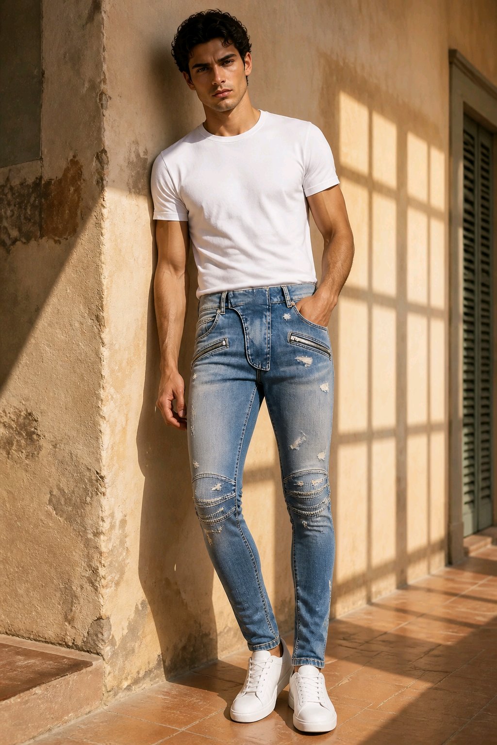 A man wearing a white crewneck t-shirt, light-wash distressed blue skinny jeans, and white sneakers, leaning against a textured beige wall in warm sunlight.
