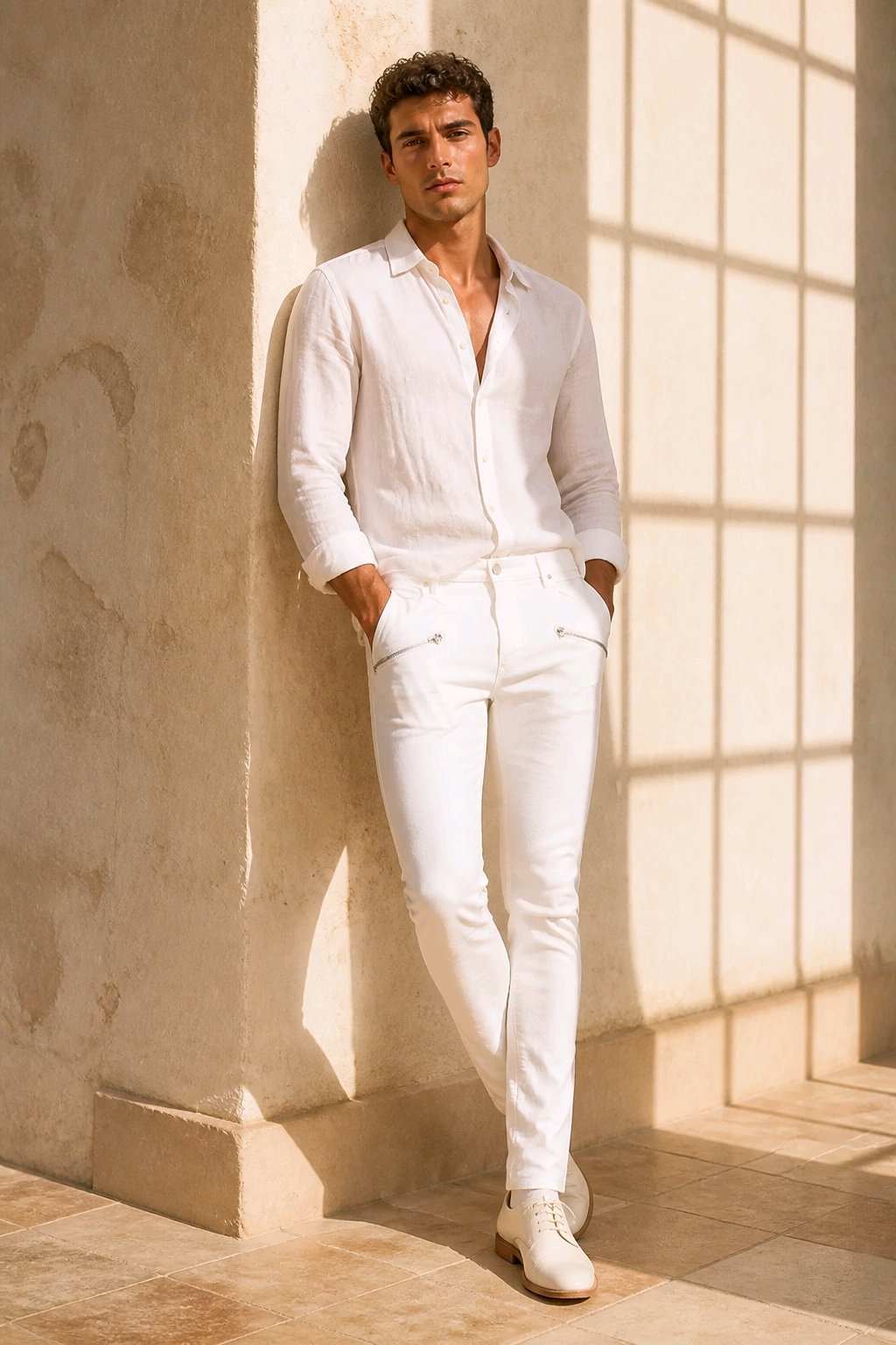 A man wearing a white long-sleeve button-down shirt and white slim-fit trousers, leaning against a textured beige stone wall in warm sunlight.