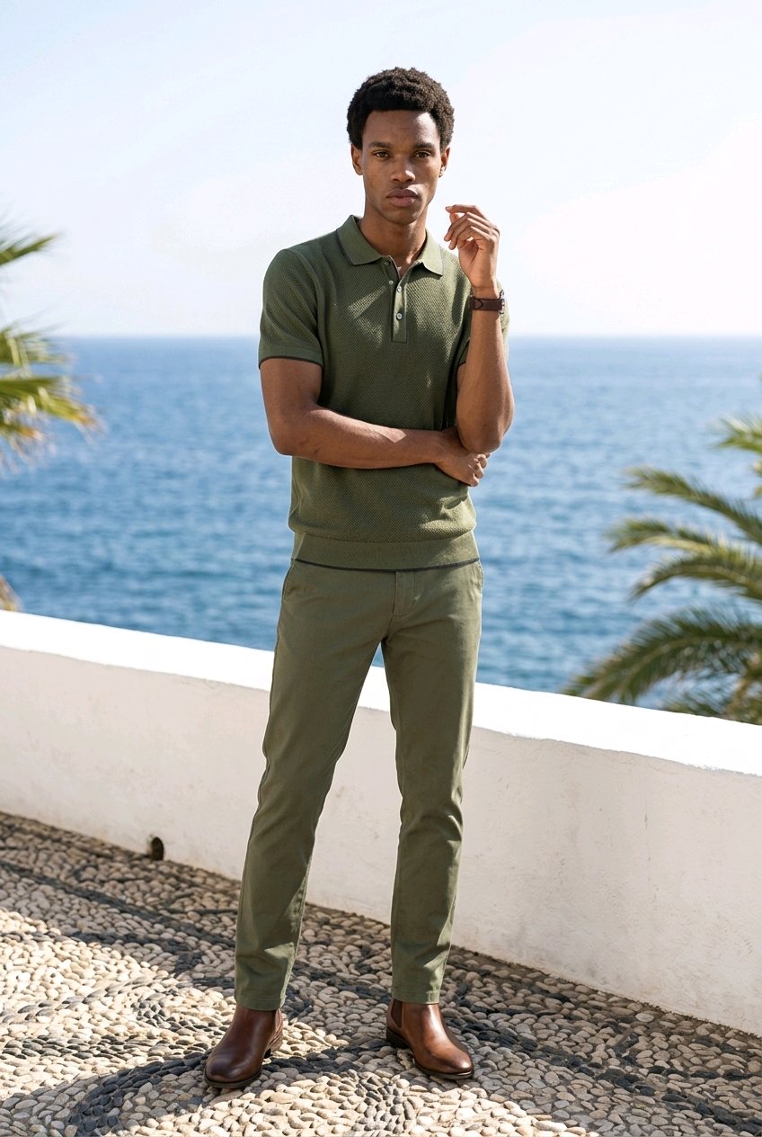 A man wearing an olive green polo shirt and matching trousers stands on a stone walkway with the ocean and palm trees in the background.