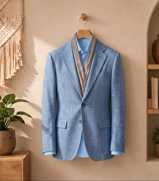 A medium blue textured blazer jacket hanging on a wooden hanger against a warm beige wall, styled with a light blue dress shirt, a taupe-gray knit sweater draped over the shoulders, and set in a cozy room with a macrame wall hanging, potted plants, and a built-in wooden shelf.