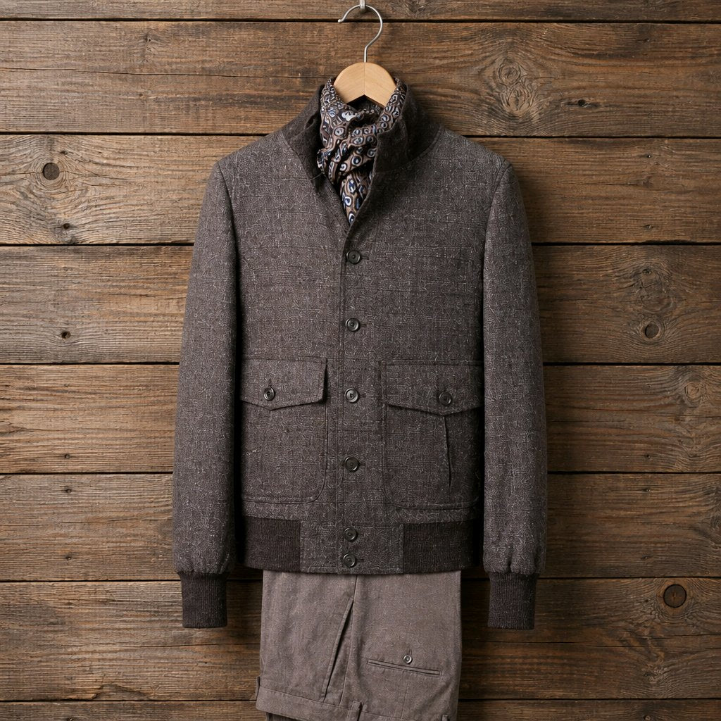 A men's dark brown textured wool-blend cardigan sweater with a high collar, button front, and flap pockets, styled with a patterned scarf and matching brown trousers against a rustic wooden plank background.