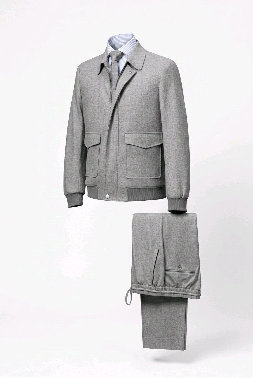 A men's light gray knit three-piece suit set, including a button-front jacket, matching trousers, and a collared shirt with a tie, displayed on a clean white background.