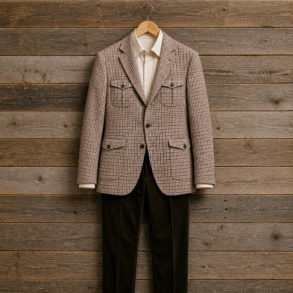 A men's tailored blazer in a fine small-scale check pattern, styled with a cream dress shirt and dark trousers, hanging on a wooden hanger against a rustic brown wood plank wall.